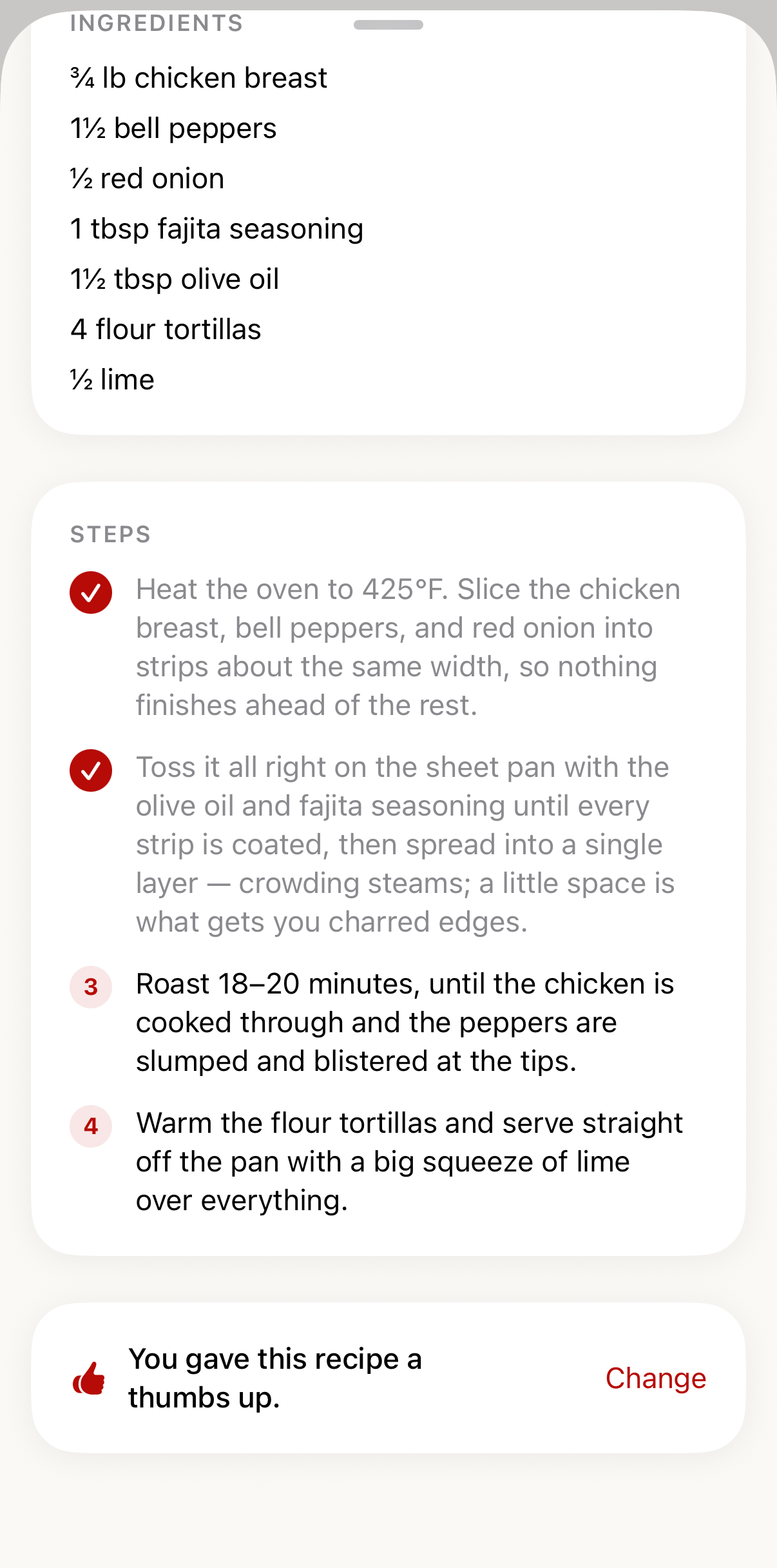 A recipe's steps with the first two checked off.
