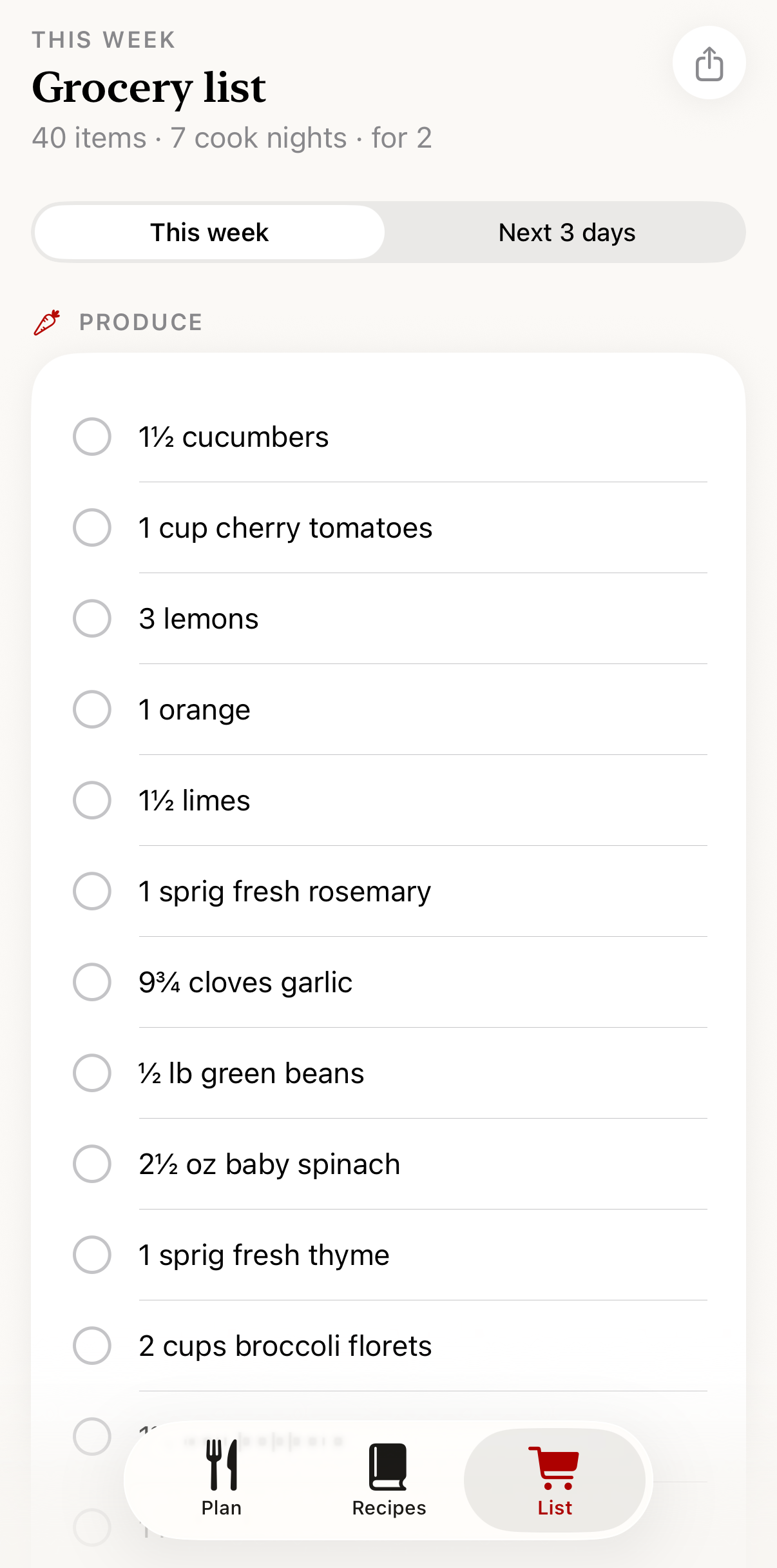 The grocery list, grouped by aisle with checkable items.