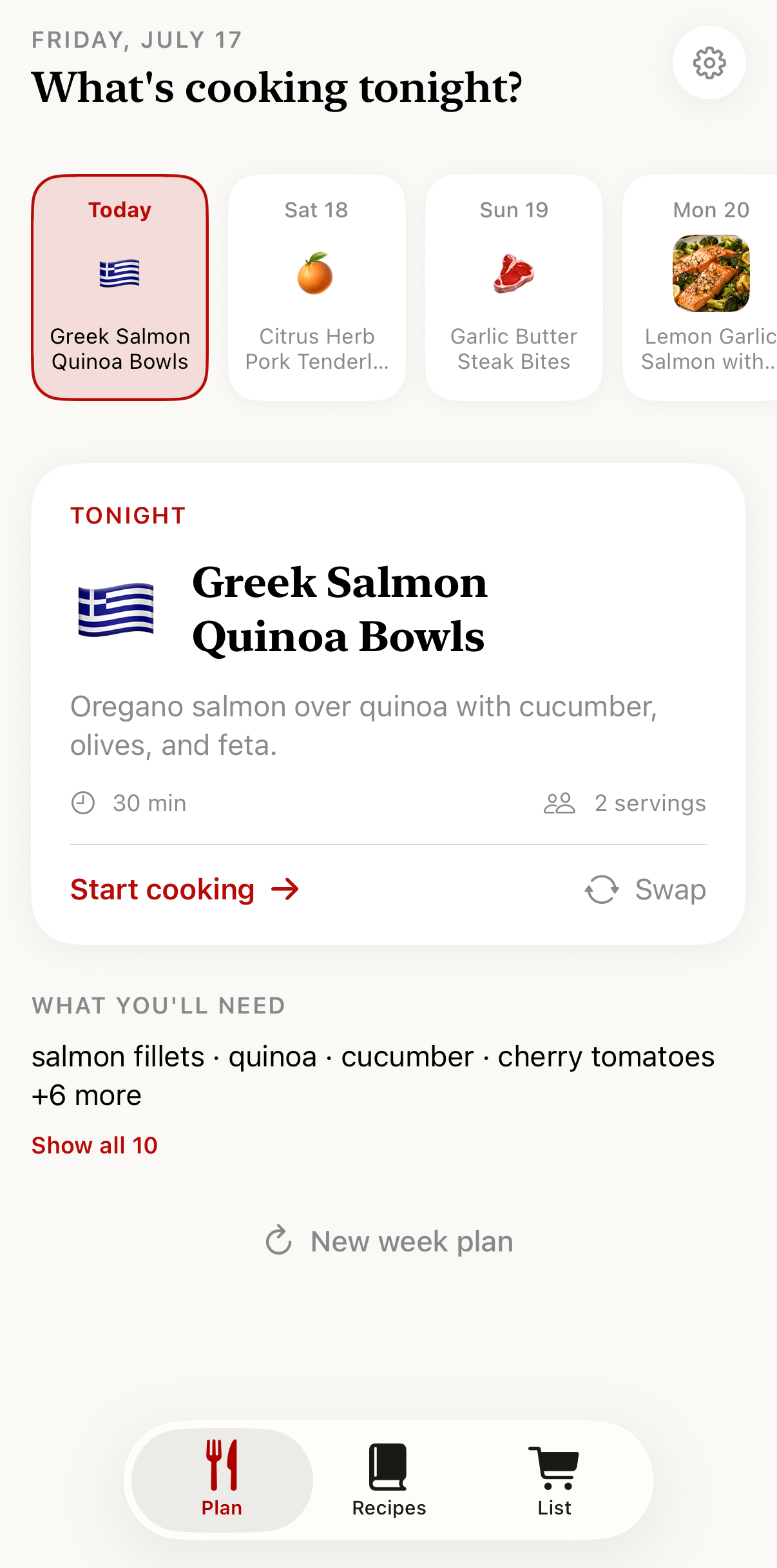 The Cookflo Plan tab: tonight's dinner already chosen, with the week ahead in a strip above it.