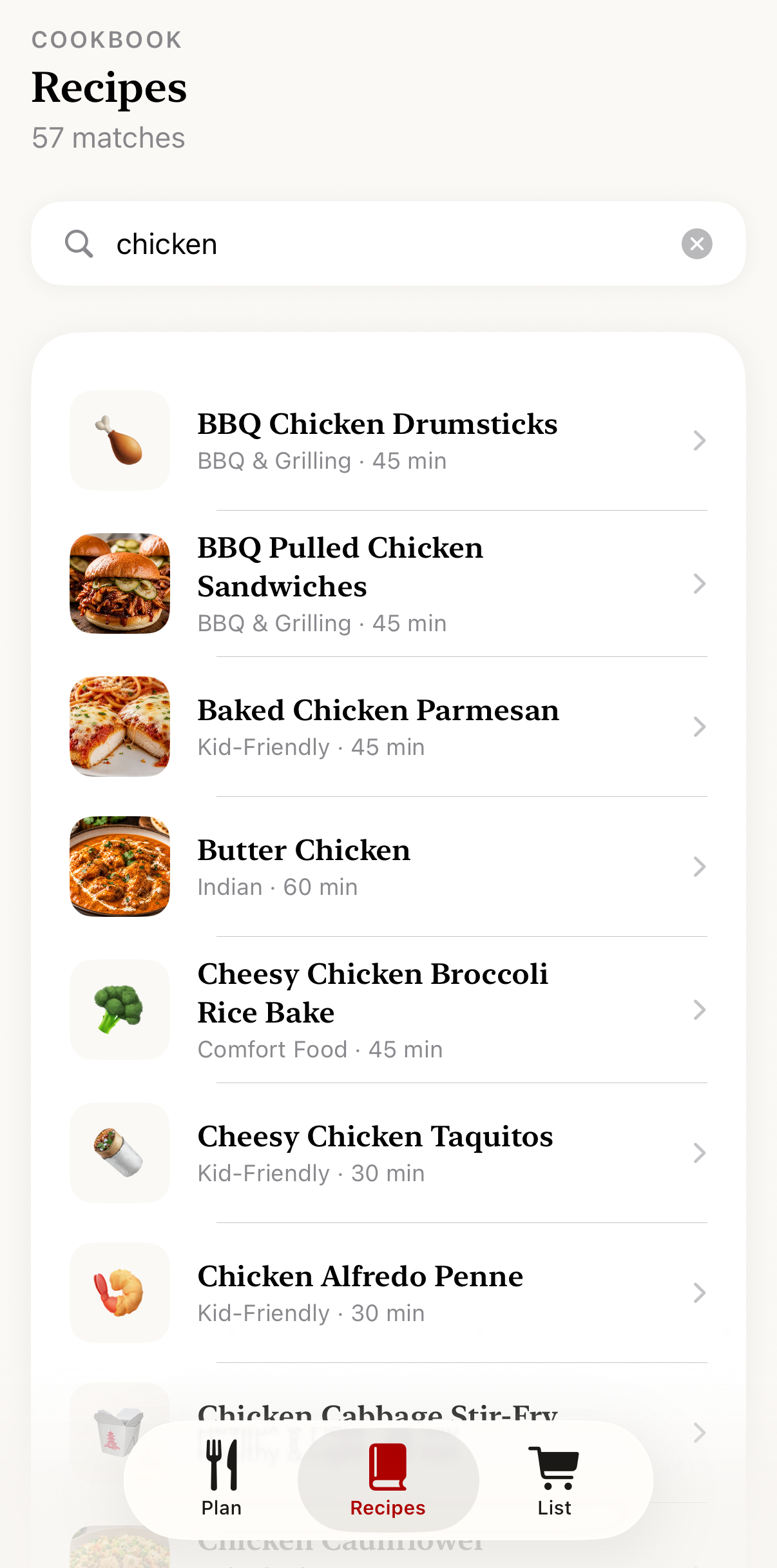 The Recipes tab: a searchable library of 200 dinner recipes.